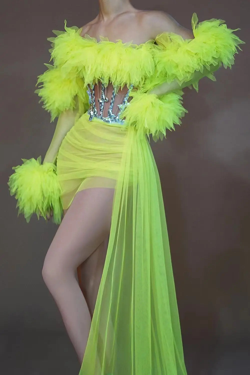 ASHBURN™ PLUME AFFAIR: Multi-Color Feathered Corset Gown with Side Drape