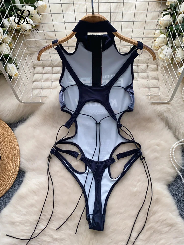 SINGREINY Female Sensual Letter Print Bodysuits Open crotch Sheath Playsuits Fashion Hollow Out Backless Lace Up Sexy Rompers