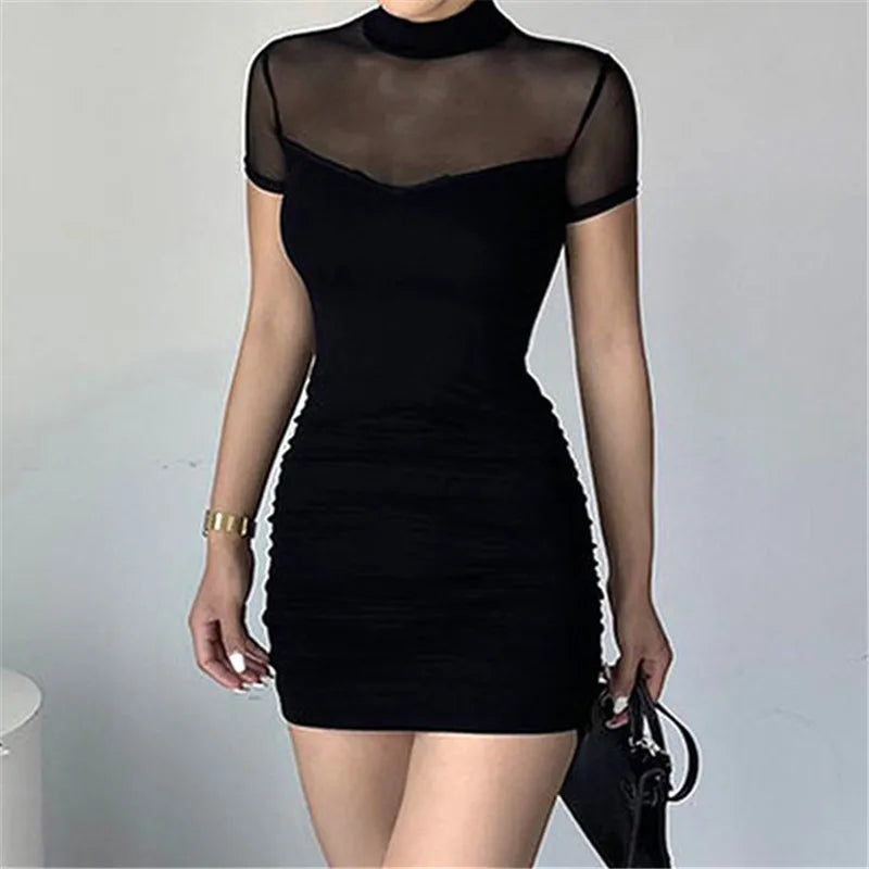 Goth Dark Mall Goth Mesh Patchwork Short Sleeve Mini Dress Cyber Y2K Half High Pleat Bodycon Dresses Women Slim Techwear