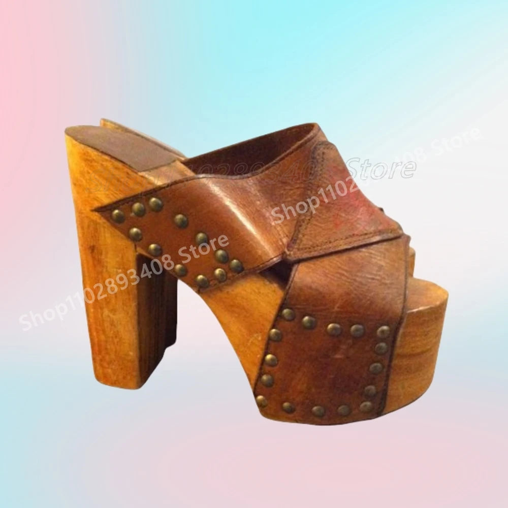 Retro Metal Round Rivets Decor Slippers Thick Soled Chunky High Heel Open Toe Sexy Women Shoes 2025 Summer Zapatos Para Mujere