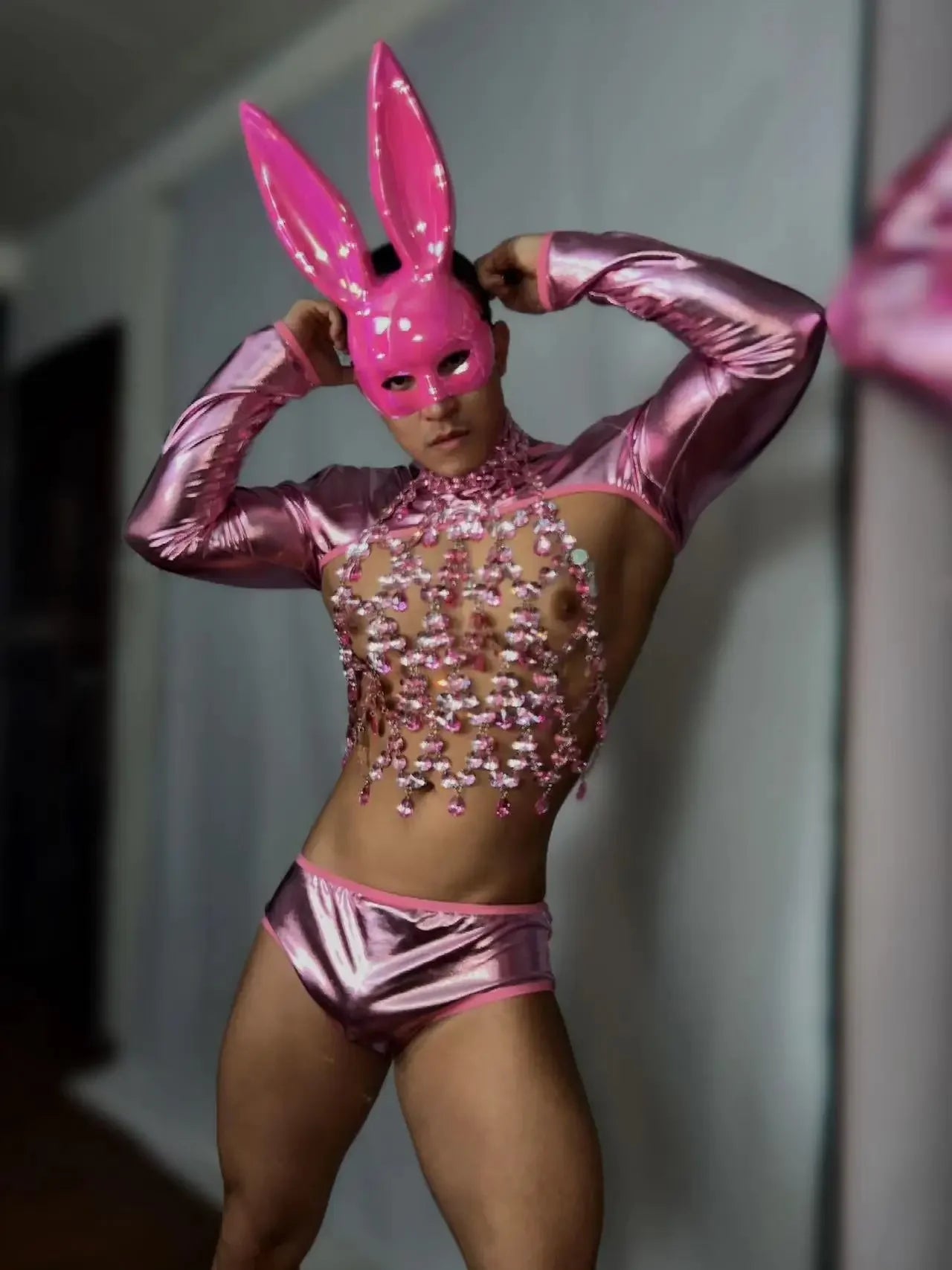 Male Pink Rabbit Masks Rhinestones Chest Chains Sexy Stage Rave Outfits Gogo Dancer Team Nightclub Bar Performance Dance Costume