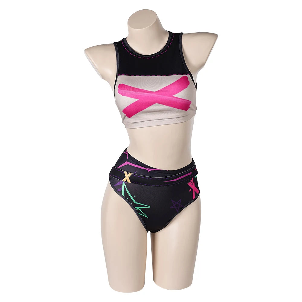Game LOL Arcane Jinx Swimsuits Swimwear Cosplay Costume Women Summer Sexy Bikini Tops Shorts With Cloak Halloween Party Suits