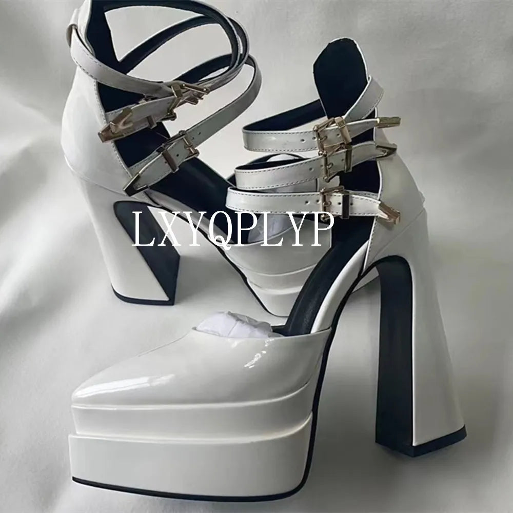 Pointed Toe Patent Leather Roman THICK HEELS Women's Platform Summer Thick High HeelS