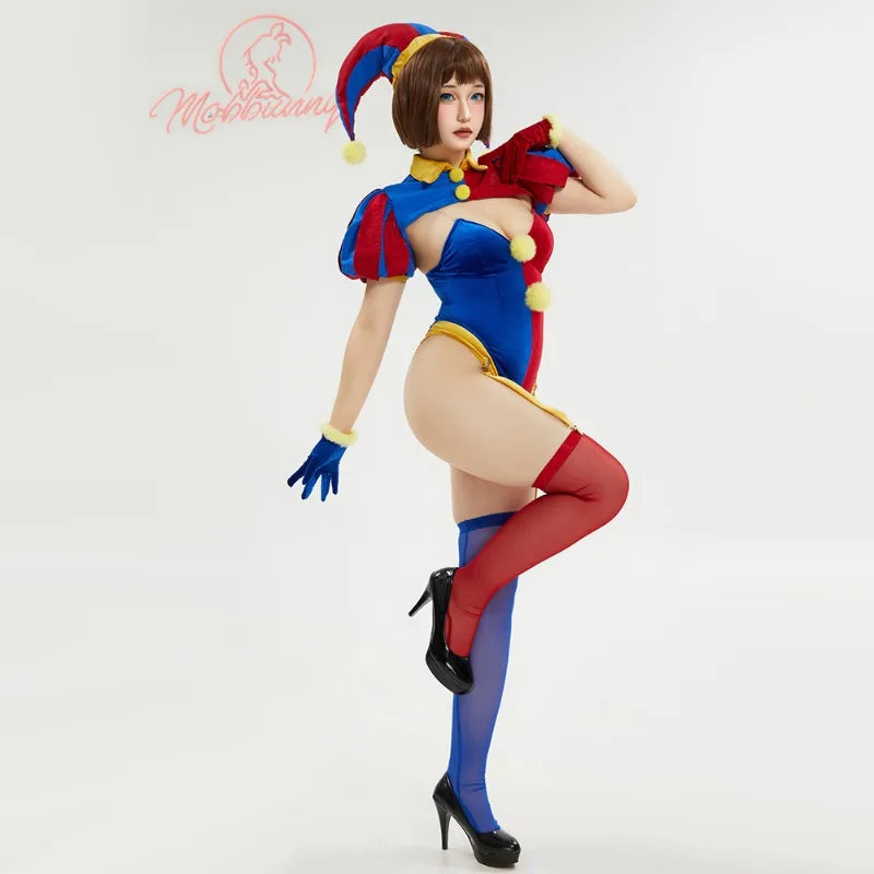 MOBBUNNY Halloween Clown Cosplay Costume Women's Lingerie Set Blue Red Bodysuit and Mini Skirt with Gloves and Hat clown