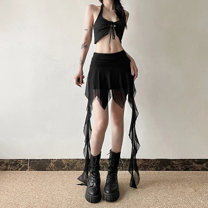 Goth Dark 2000S Aesthetic Irregular Hem Short Skirt Gothic Fashion High Waist Slim A-Line Skirts E-girl Streetwear Mesh Bottoms