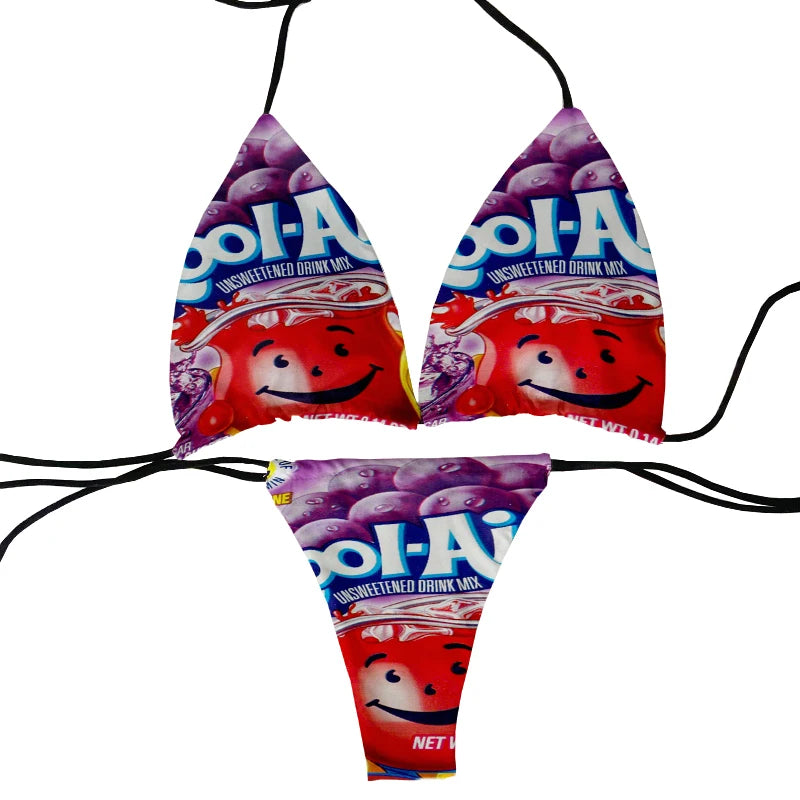 Funny food and potato chip print summer swimsuit women sexy bikini panties thong G-string swimming trunks beachwear