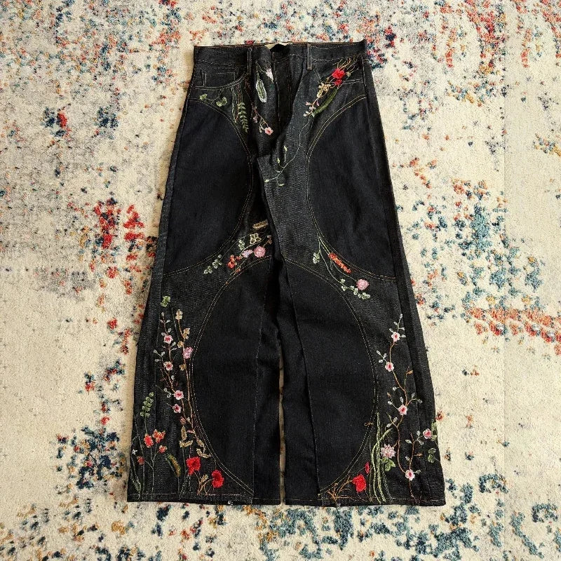 Y2K Floral Baggy Jeans Retro Blossom Embroidery Streamlined Unisex Streetwear Gothic High Street Oversized Wide Leg Men Pants