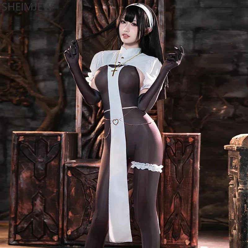 Women Sexy Nun Cosplay Costume Halloween Adult See-through Maid Open Crotch Jumpsuit With Veil Carnival Party Nightclub Bar Suit