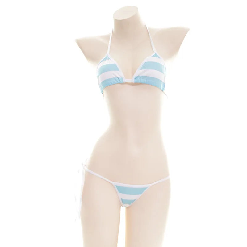 2025 Striped Halter Micro Bikini Set Lolita Kawaii Swimsuit Backless String Tied Bathing Suit