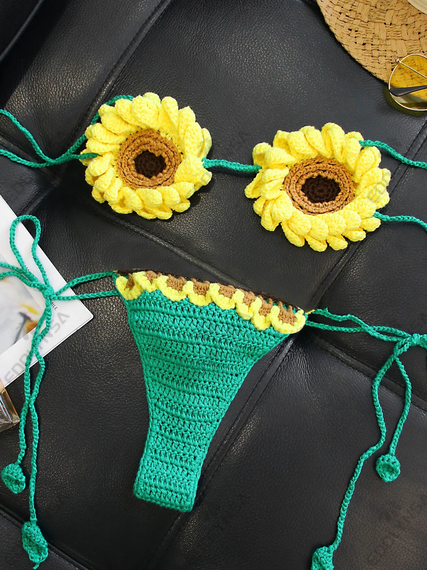 2 Piece Bikini Set 2025 Summer Yellow Sunflower Crochet Swimsuit Suit Set Beach Wear Bikinis Cover-up Women Bathing Suits C2