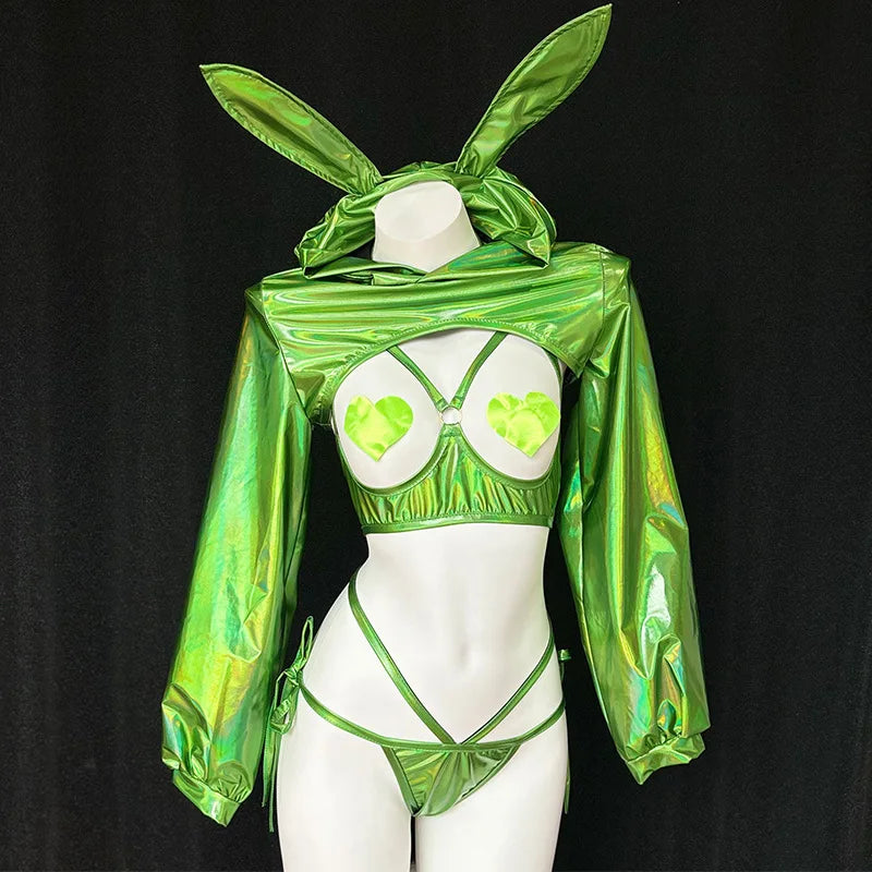 Anime Cute Bunny Girl Costumes Women Sexy Laser Leather Hooded Bodysuit Outfits Kawaii Rabbit Ears Uniform Bikini Set Nightdress