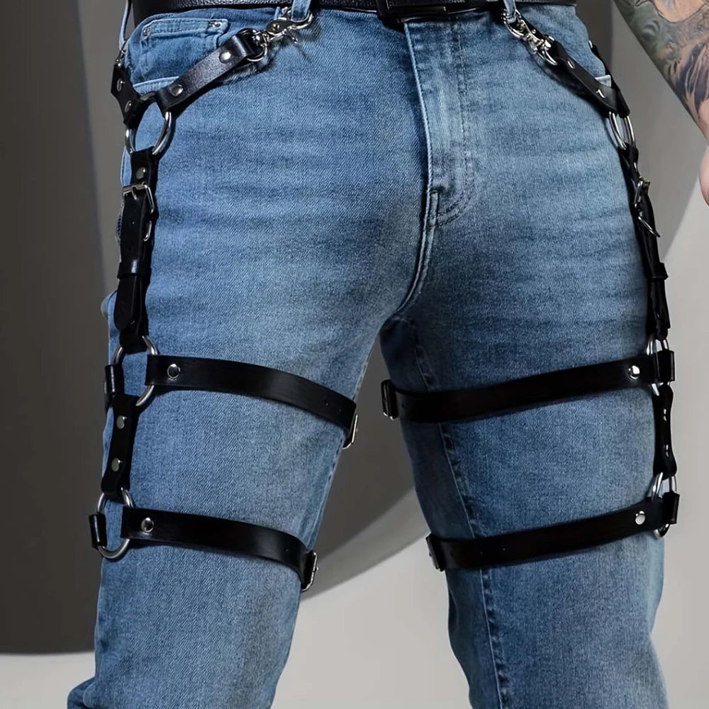 Harness for Men Pu Leather Leg Harness Suspenders Adjustable BDSM Gay Sex Bondage Harness Punk Studded Decor Thigh Garter Belt