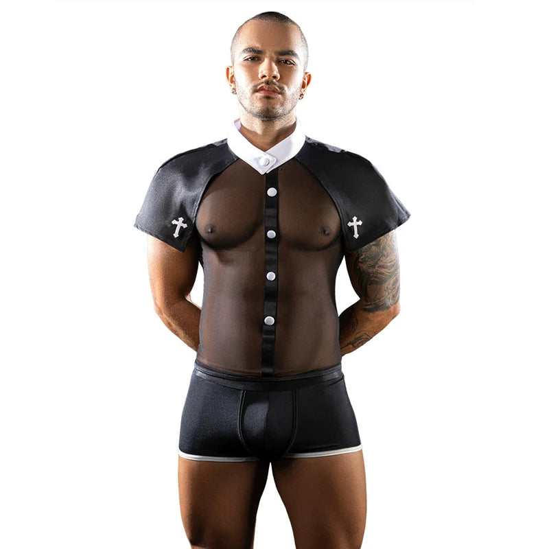 Man Sexy Erotic Naval Sailor Suit Cowboy Priest Costume Clubwear Steel Dance Mankini Cosplay Carnival Fancy Party Dress