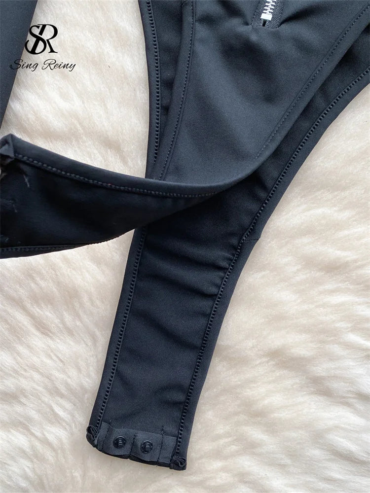 Vintage Zippers Slim Rompers Female Half High Sheath Playsuits Fashion Open Crotch Women Streetwear Bodysuits