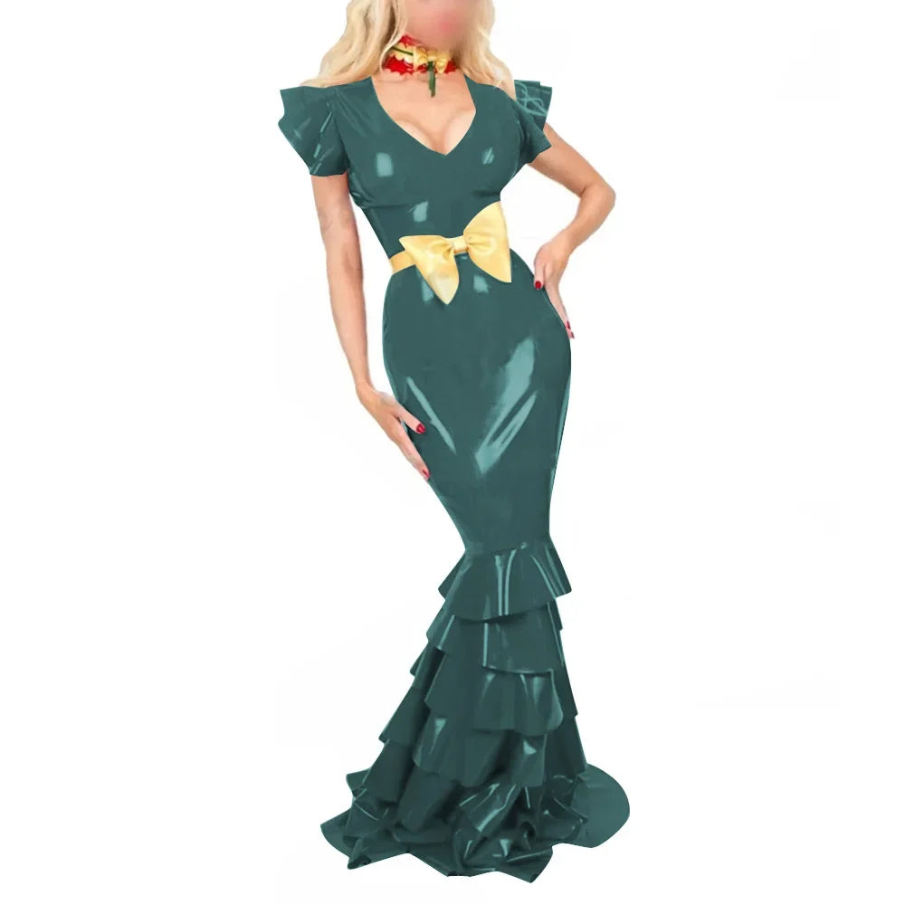 Plus Size Sexy V Neck Hobble Dress Vestido PVC Leather Short Sleeve Slim Ruffled Design Bodycon Maxi Dress Banquet Venue Gown