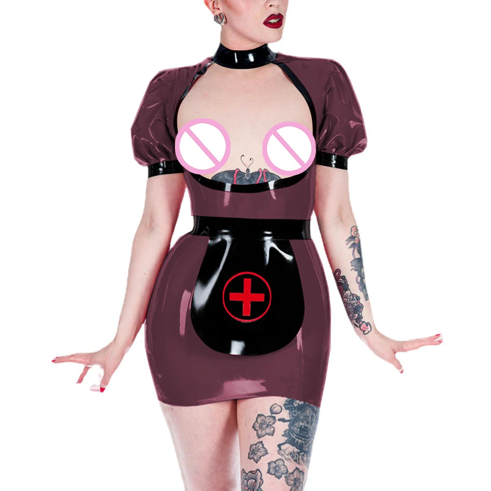 Sexy Shiny PVC Open Chest Apron Nurse Uniform Exotic Party Hip Exposed Bodycon Mini Dress Fetish Cosplay Costumes Role Play Set