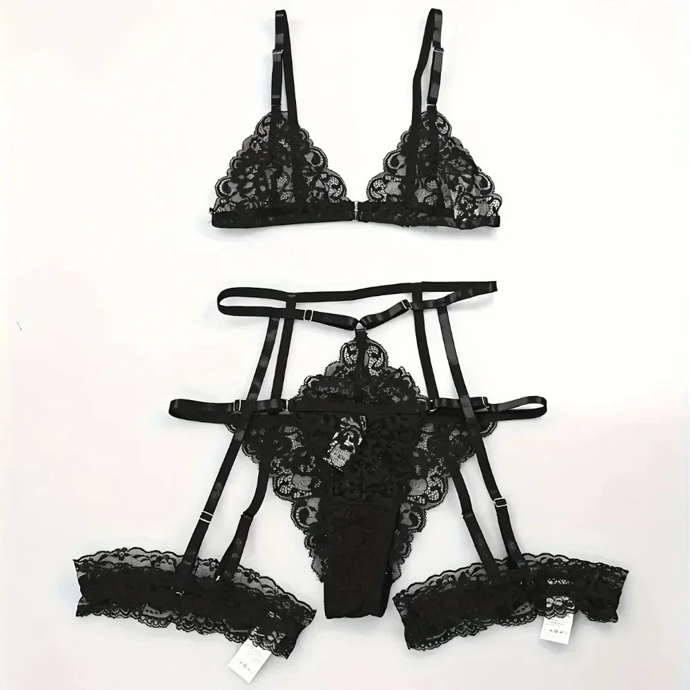 ASHBURN 3 Piece Set Sleepwear Suit Sexy Lingerie Women Thin Transparent Lace Bra Set See Through Female Erotic Underwear New