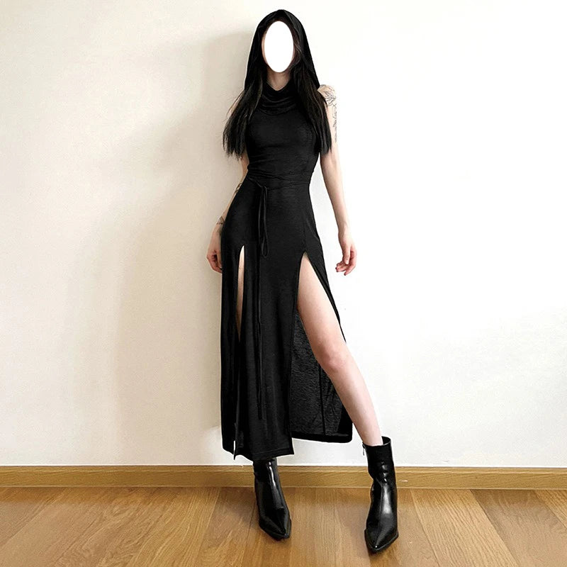 2025 Women's Goth Dark Cyber Gothic Hooded Dresses Y2k Punk Grunge Hollow Out Midi Dress Vintage Sexy Split Side Bodycon Dress