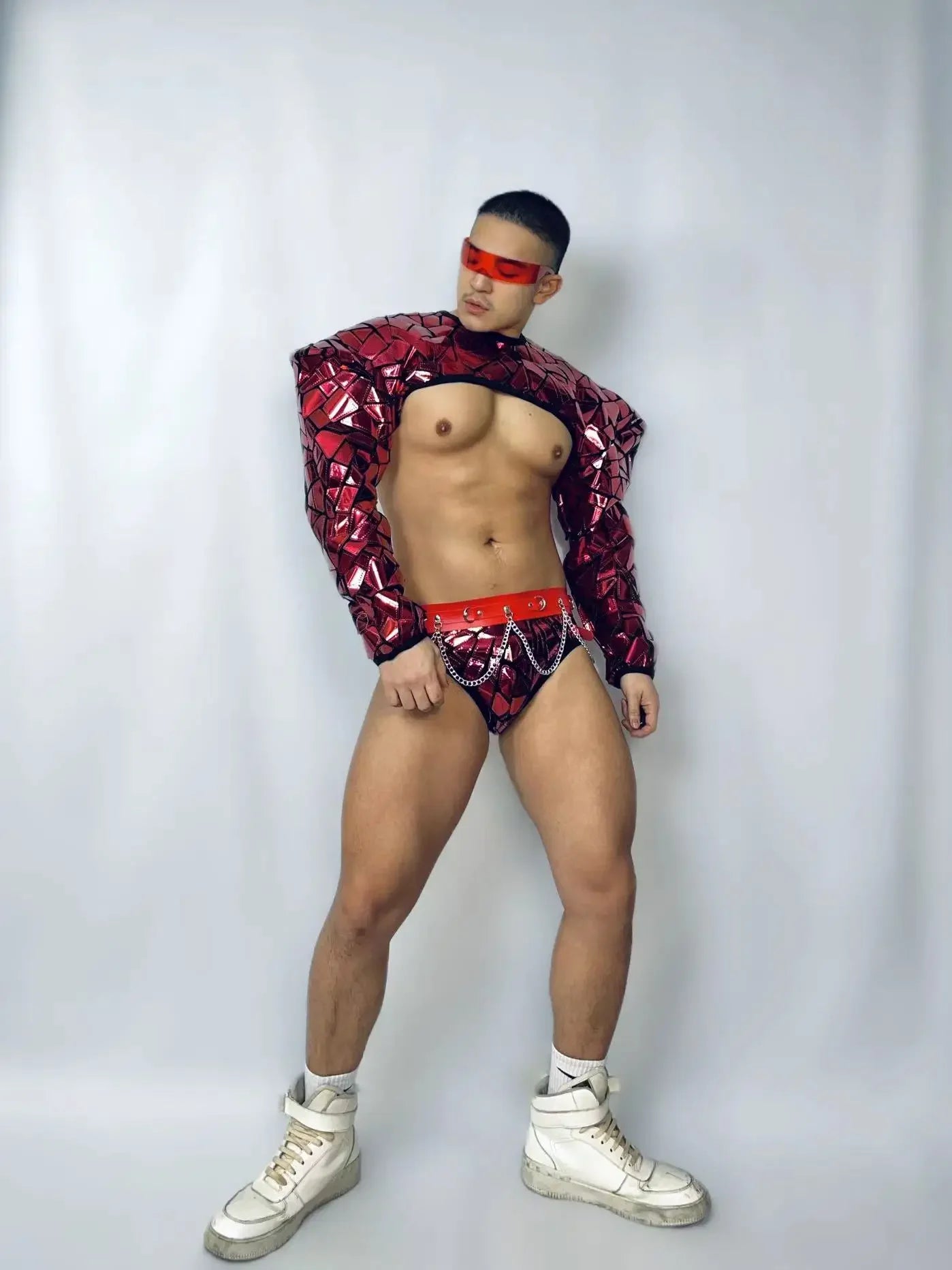 Club Party Show Performance costume Bar Nightclub sexy Technology show men RED Mirror Sequins Muscle Man Pole Dance Outfits