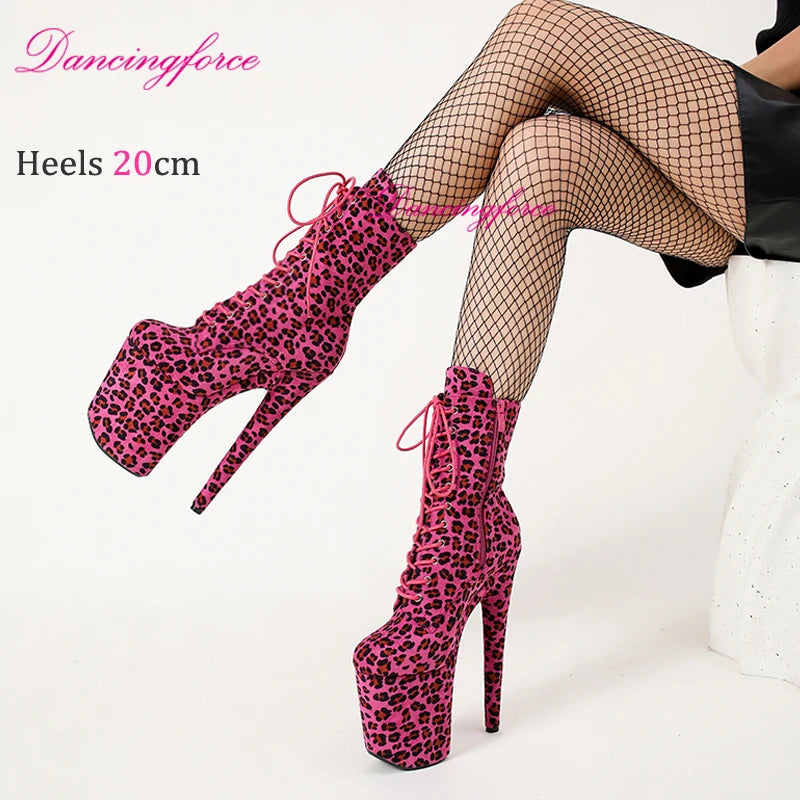 Sexy 20cm/8Inches Exotic Pole Dance Shoes Peach Leopard Suede Nightclub Exotic Stripper Platform Party High Heels Ankle Boots