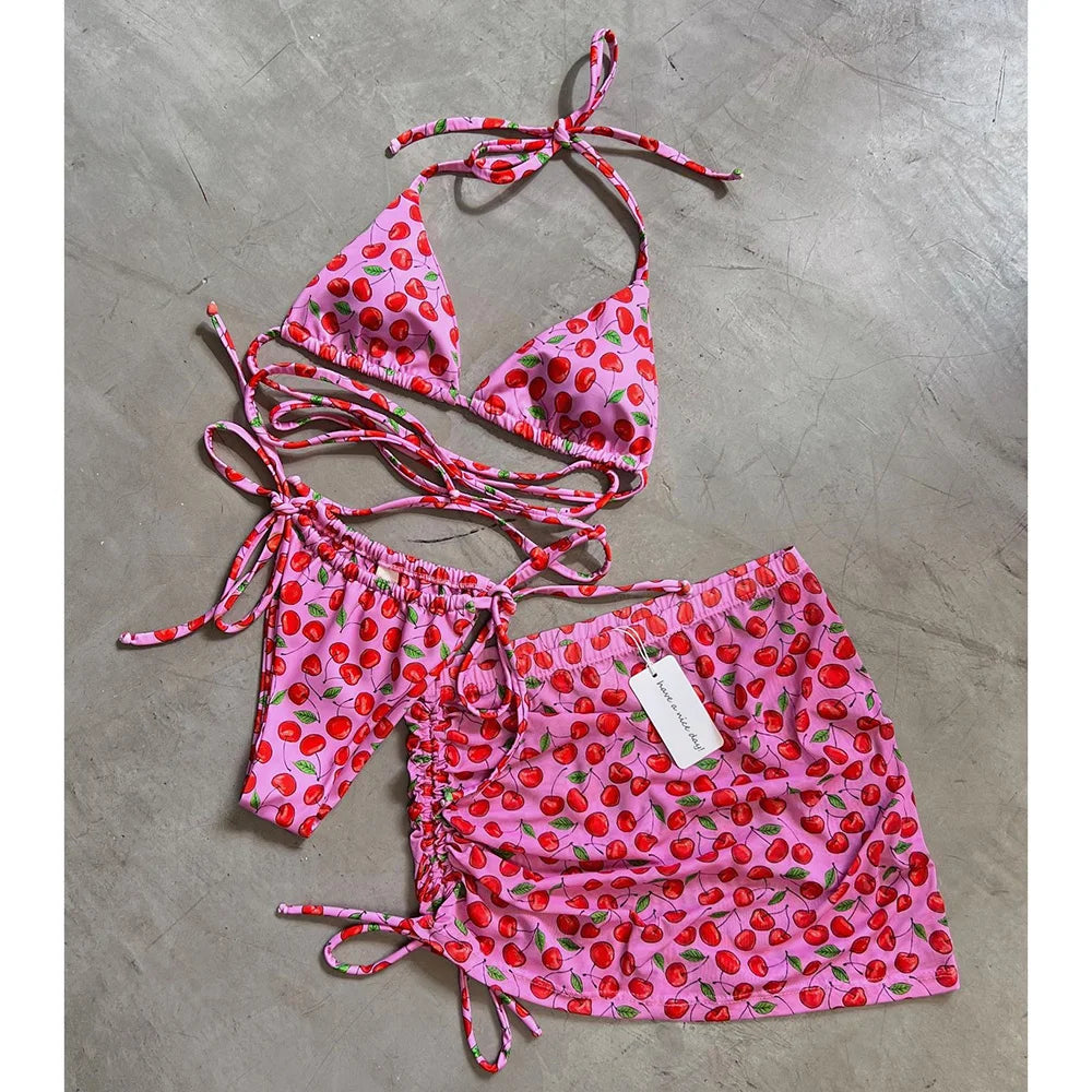 3 Pieces Bikini Set Wiht Mini Skirt Women Swimwear 2024 Sexy Bikinis Bandeau Push Up Beachwear Bodysuit Thong Biquini Female