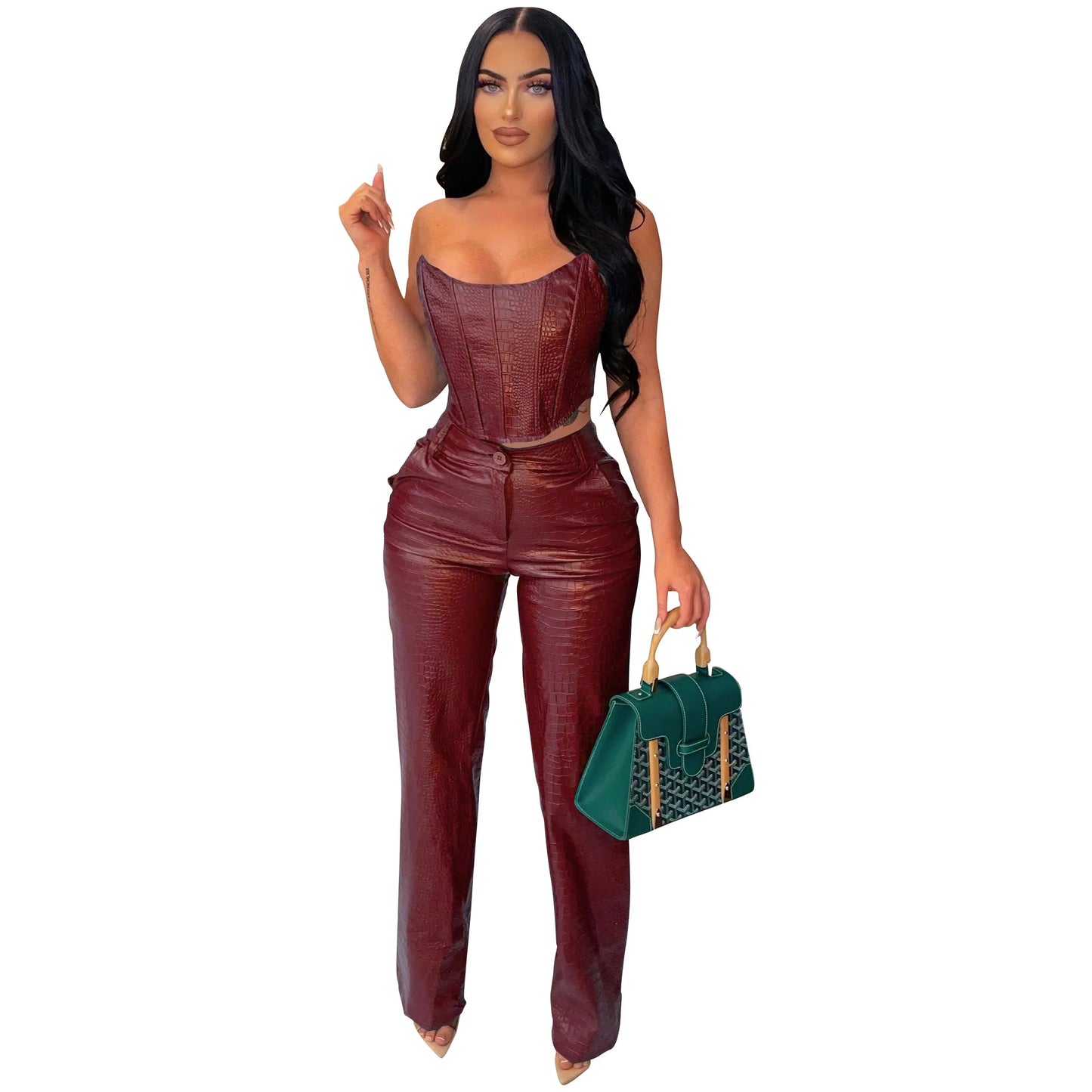 HBLL Women's Green Corset Cut-Out Cargo Sexy Sleeveless Jumpsuits PU Leather Matching Set Sexy Clubwear 2 Piece Outfits
