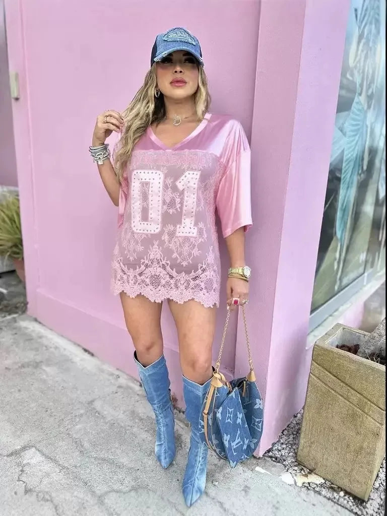 Letter Print T-Shirts Top Women 2025 Spring Summer V-Neck See Through Backless Loose Short Sleeve Y2K Sexy Trend Streetwear Tops
