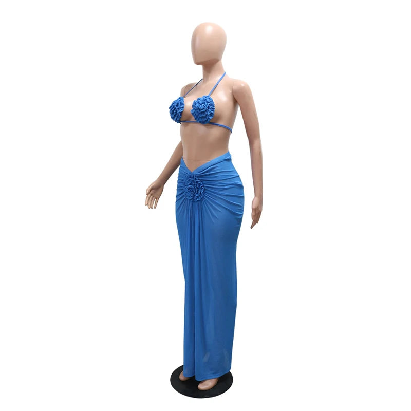 DEAT New 3 piece set Fashion Backless Halter Swimsuit For Women Beach Vacation Lace-up 3D Flower Bikini Suit Female 33A4132