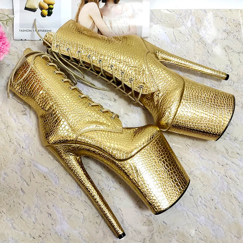 New Style Sexy Motorcycle Lace Up 20cm Gold Pole Dance Shoes Ankle Boots Platform Gladiator Nightclub 8Inches High Heels Exotic