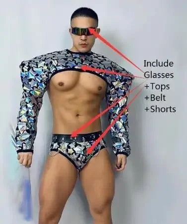 Club Party Show Performance costume Bar Nightclub sexy Technology show men RED Mirror Sequins Muscle Man Pole Dance Outfits