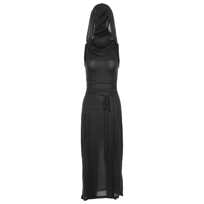 2025 Women's Goth Dark Cyber Gothic Hooded Dresses Y2k Punk Grunge Hollow Out Midi Dress Vintage Sexy Split Side Bodycon Dress