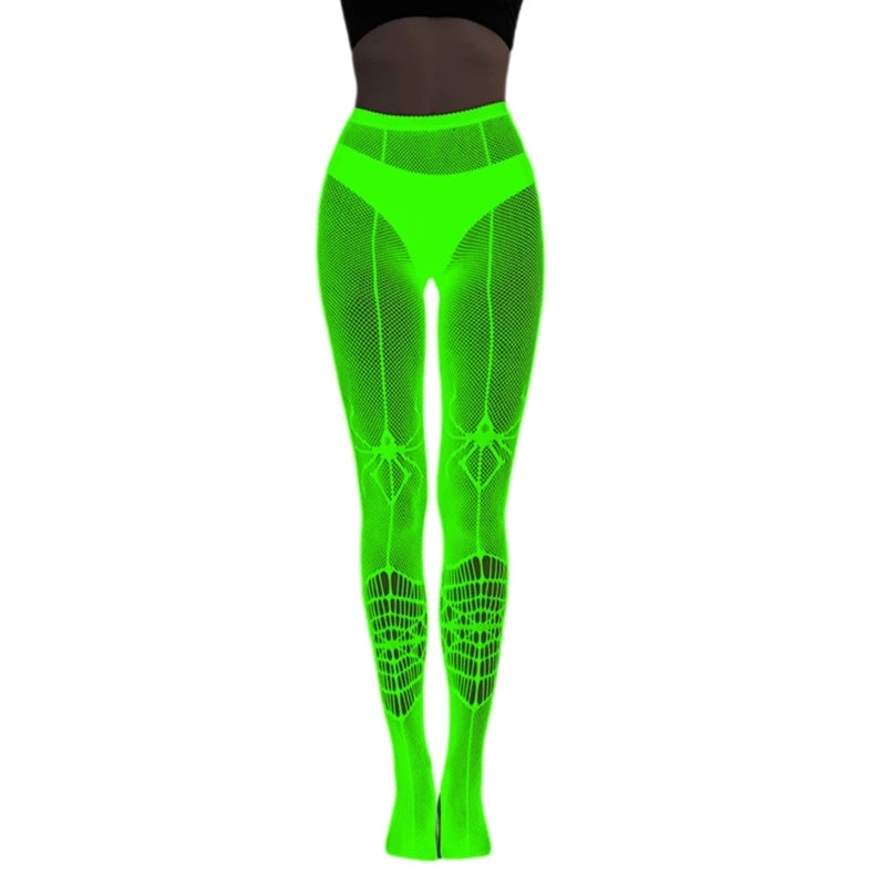Women Glow in Dark Halloween Fishnet Pantyhose Luminously Spiderweb Skull Pattern Mesh Tights Stockings Party Hosiery