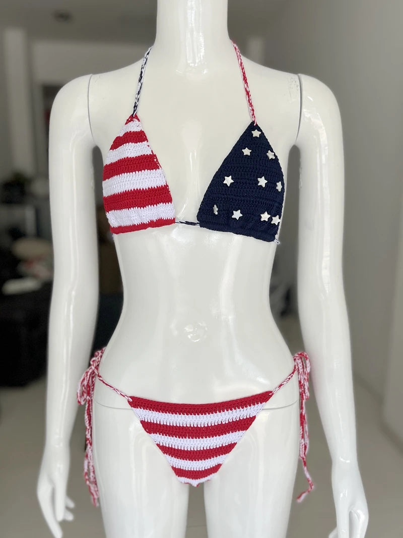 ASHBURNS USA American Flag Bikini Bathingsuit The Stars And The Stripes Handmade Crochet Beachwear Women String Bikini Set Two-Pieces