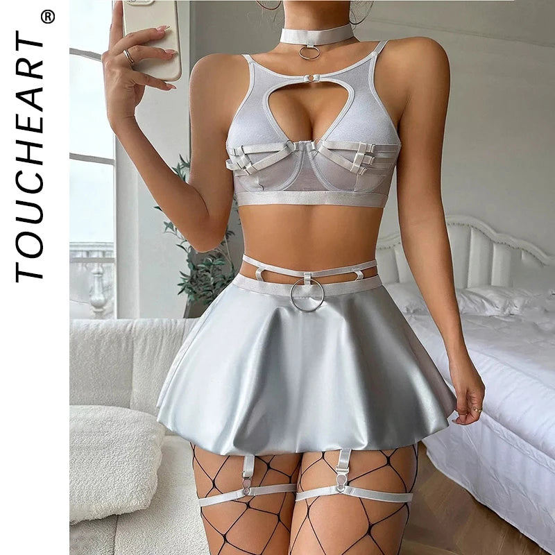 Toucheart Lace Sexy Black Bra Underwear Set For Women Solid Color Leather Solid Color Low Cut Hollow Out Sexy Apron Underwear