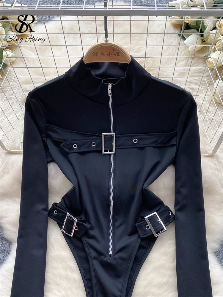 Vintage Zippers Slim Rompers Female Half High Sheath Playsuits Fashion Open Crotch Women Streetwear Bodysuits