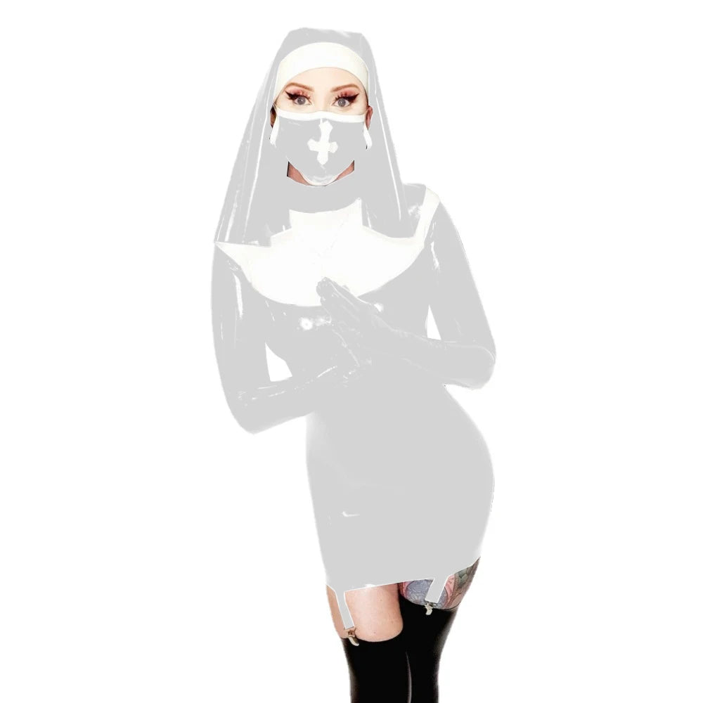 Sexy Nun Cosplay Long Sleeve Bodycon Mini Garter Dress Vinyl PVC Leather High Neck Nun Dress Outfit Halloween Nun Uniform Suit