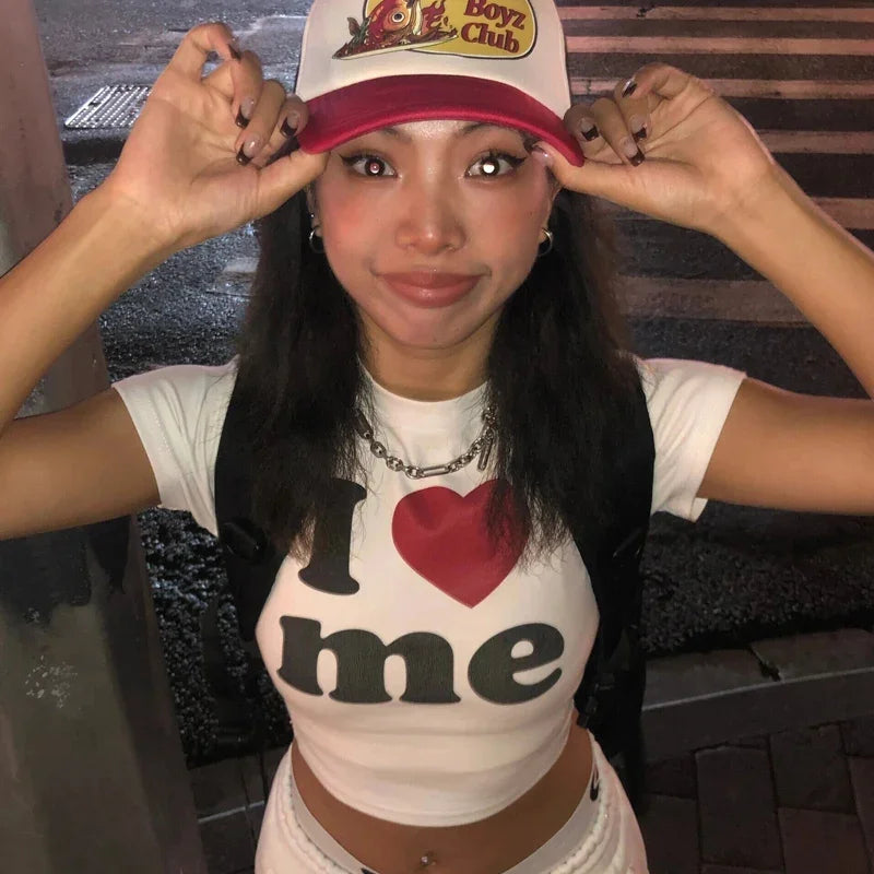 I Love ME Letters Print Y2K Harajuku Crop Top T-shirt Summer Women Clothes Sexy T-shirt Vintage 2000s Short Sleeve Crop Tops