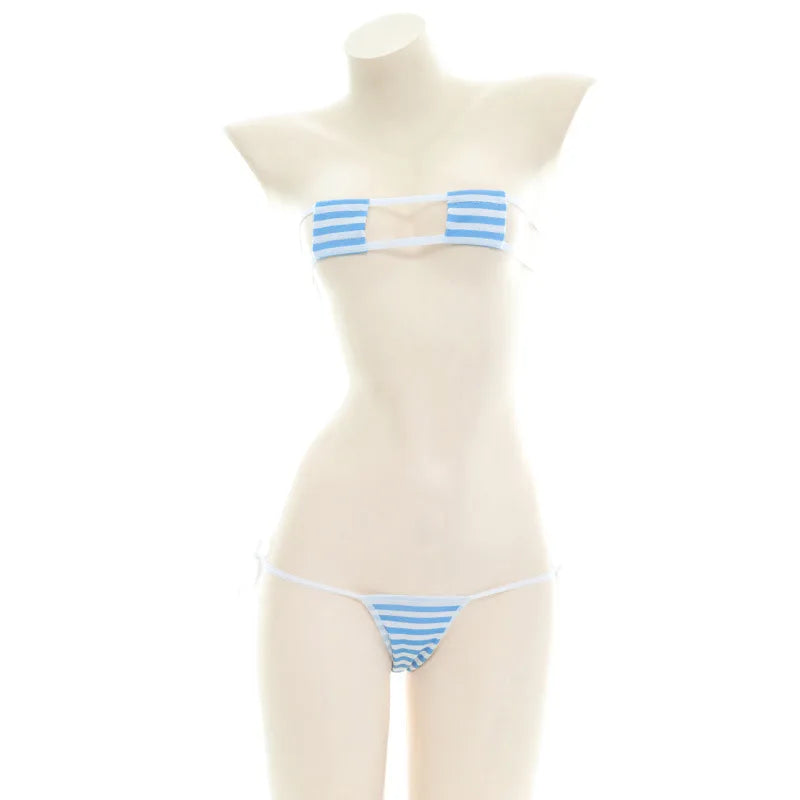 2025 Striped Halter Micro Bikini Set Lolita Kawaii Swimsuit Backless String Tied Bathing Suit