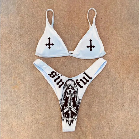 Gothic Bikini 2025 Women Skull Cross Print Bra Thong Swimsuit Split Bathing Suit Underwear Y2K Bikinis Swimwear