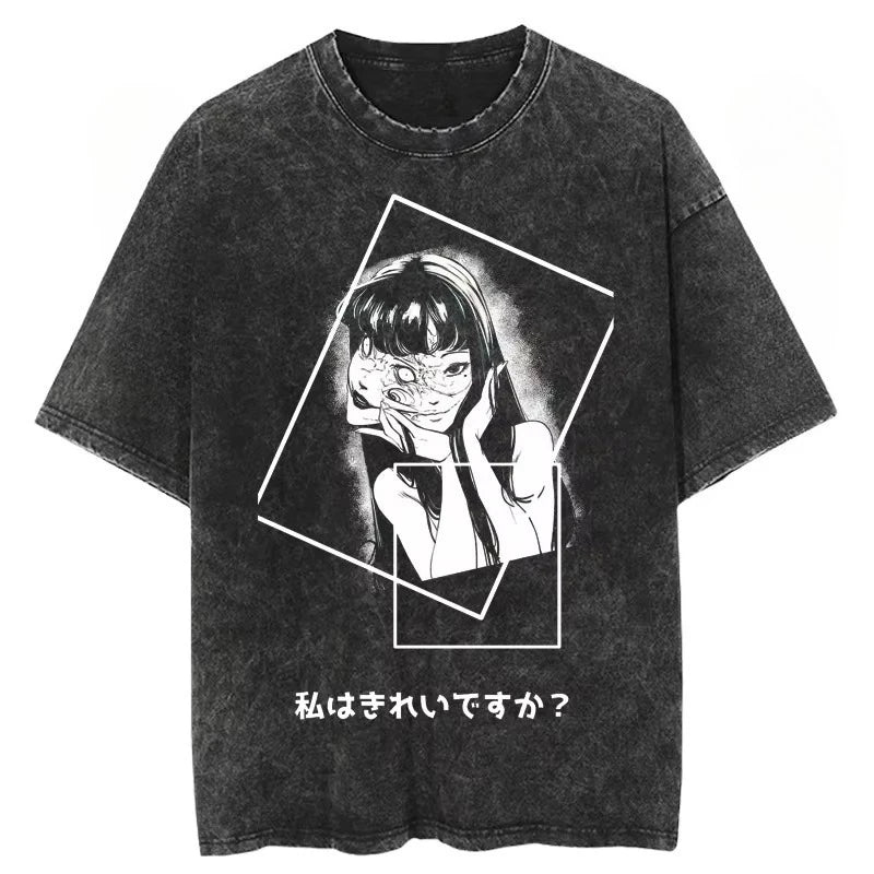 Anime Tomie Kawakami Junji Ito High-Street Washed Distressed Casual Sporty Light Luxury Men's Tees, Women's Short Tees & Couple