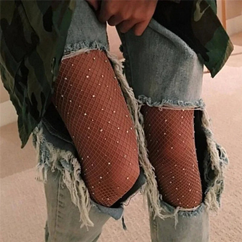 Fishnet Diamond Pantyhose Women Fashion Shiny Net Tights Female Slim Rhinestone Mesh Nylon Stockings Tights