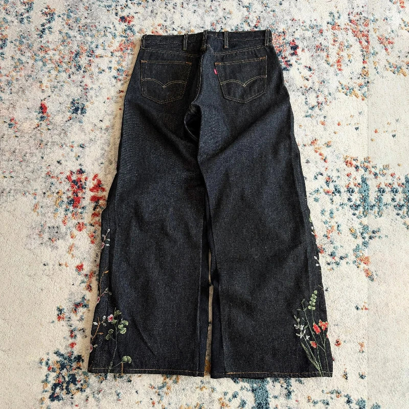 Y2K Floral Baggy Jeans Retro Blossom Embroidery Streamlined Unisex Streetwear Gothic High Street Oversized Wide Leg Men Pants