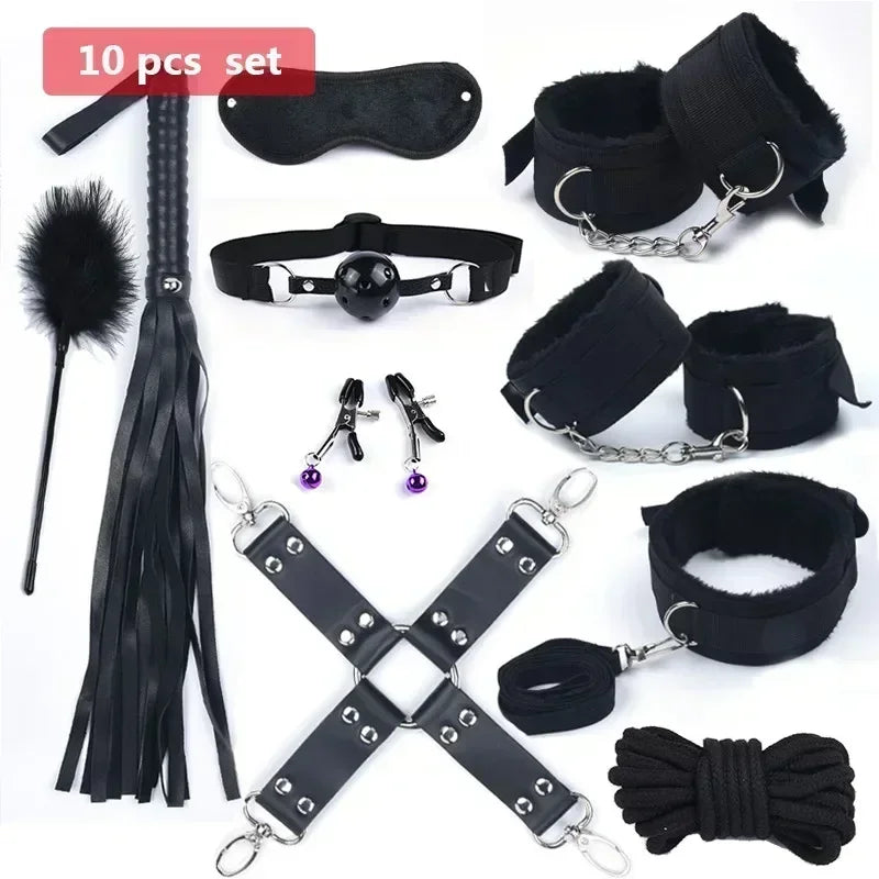 ASHBURN Bdsm 10 Speeds Vibrator Bondage Set Metal Sex Toys for Women Men Handcuffs Sex Nipple Clamps Whip Spanking Rope