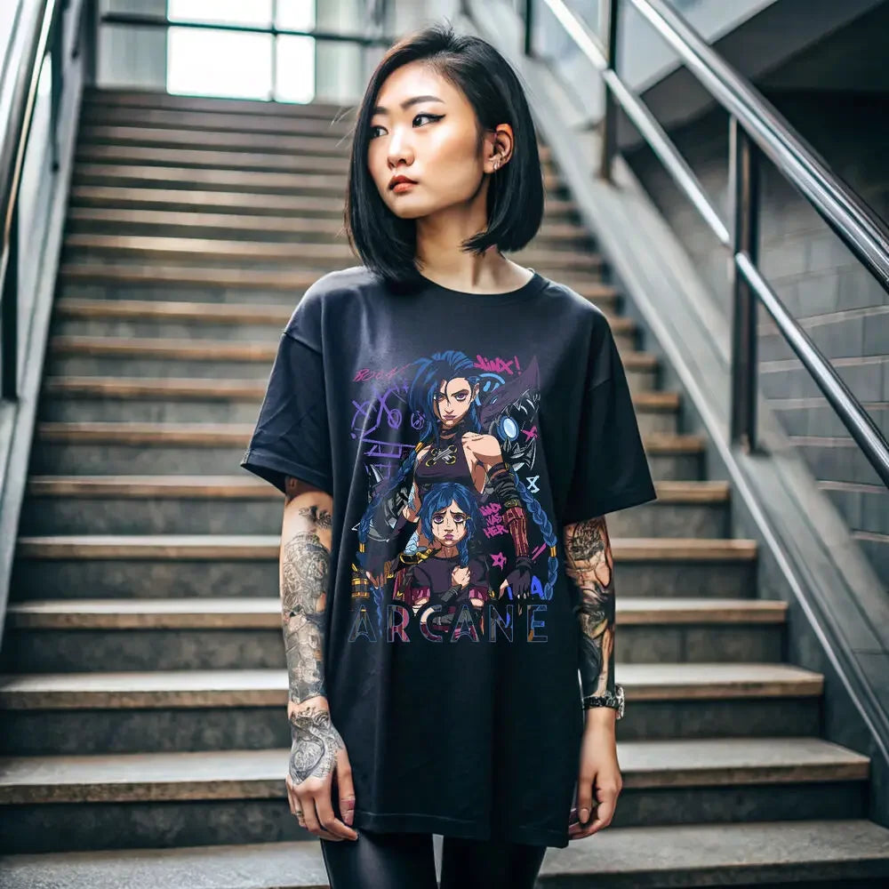 Jinx Arcane T-Shirt Japanese Anime Cartoon Jinx Black T-Shirt 044 Graphic T Shirts Oversized T Shirt Women's Clothing