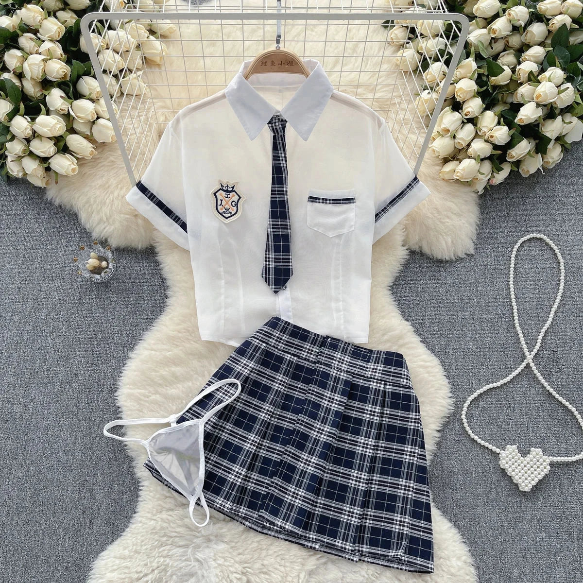 Toucheart Preppy Style Sexy Uniform Sets Women Sexy Uniform Suit Sheer Top+Lace Up Mini Skirt+Thongs Hollow Cosplay Porn Suits