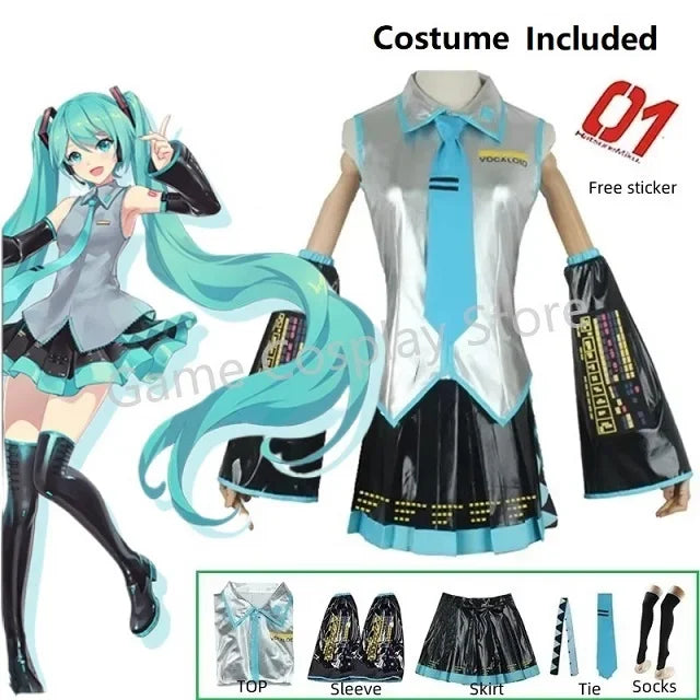 Miku Cosplay Silver Leather Fabric Suit Hatsune Miku Cosplay Headwear Costume JK Sailor Dress High School Halloween Uniform Wig