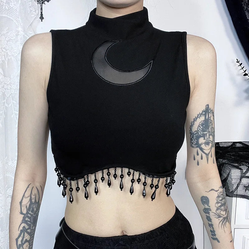 Goth Dark Cyber Y2K Skinny Turtleneck Tank Top Sexy Moon Chain Tassel Sleeveless Crop Tops Gothic Women Punk Streetwear Alt Vest