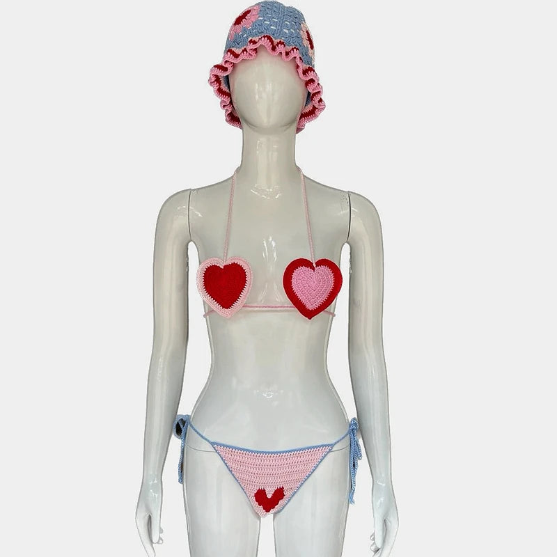 Red Love Heart Crochet Threaded Bikini Set With bucket Hats Handmade Swinwear Bathing Suit Sexy Fashion Swimsuit Vacation Wear