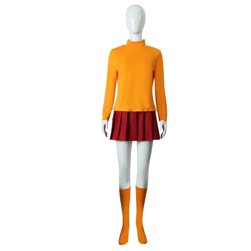Anime Velma Seragam Cosplay Kostum Orange Short Skirt Uniform Wanita Oranye Kaus Kaki Rok Atas Halloween Party Carnival Set