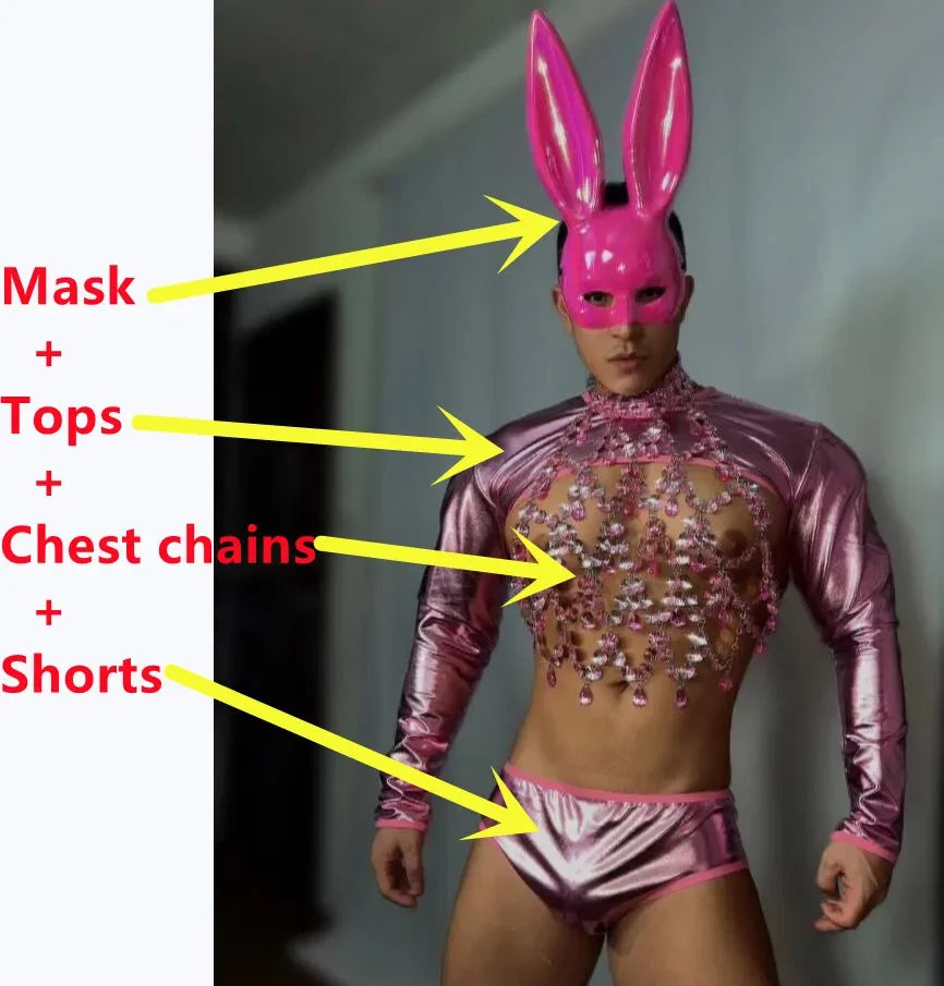 Male Pink Rabbit Masks Rhinestones Chest Chains Sexy Stage Rave Outfits Gogo Dancer Team Nightclub Bar Performance Dance Costume